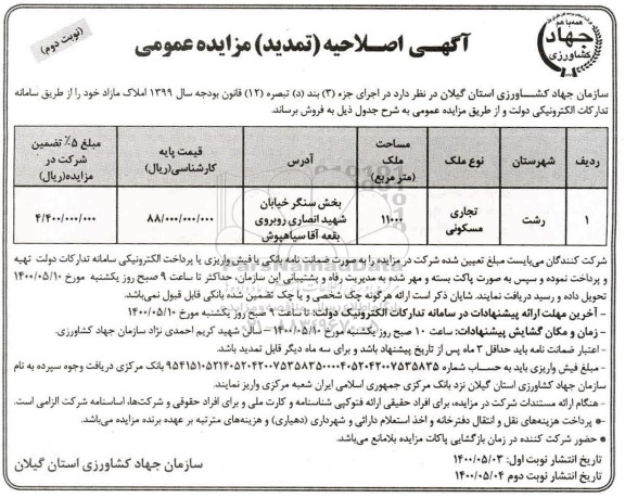 اصلاحیه تمدید مزایده فروش ملک تجاری مسکونی به مساحت 11000 مترمربع 