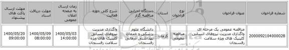 مناقصه عمومی یک مرحله ای واگذاری مدیریت نیروهای انسانی کلینیک های ویژه سلامت رفسنجان