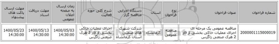 مناقصه عمومی یک مرحله ای اجرای عملیات خاکی بخشی از فاز 2 هرک صنعتی زاگرس