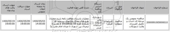 مناقصه عمومی یک مرحله ای احداث و تکمیل کمربندی ولایت شهرتکاب