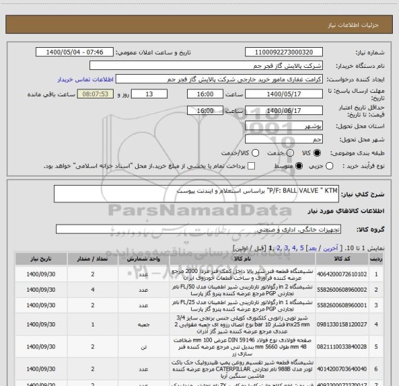 استعلام P/F: BALL VALVE " KTM" براساس استعلام و ایندنت پیوست