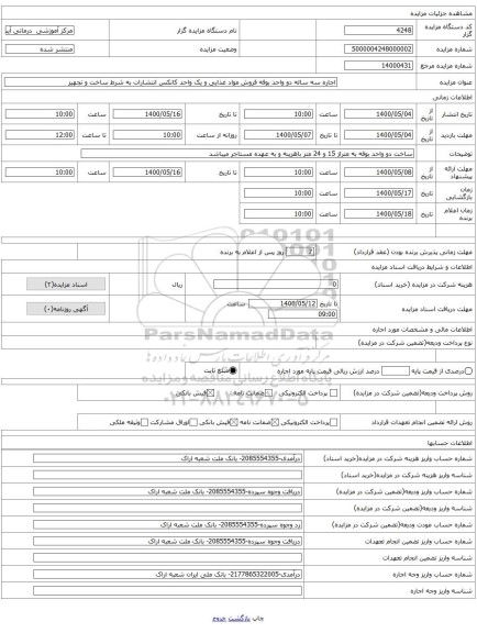 اجاره سه ساله دو واحد بوفه فروش مواد غذایی و یک واحد کانکس انتشارات به شرط ساخت و تجهیز