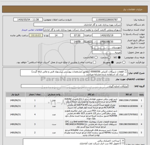 استعلام قطعات شیرآلات کنترلی 0006056 (مطابق مشخصات پیوستی پیشنهاد فنی و مالی ارائه گردد)
ایران کد استفاده شده مشابه میباشد
