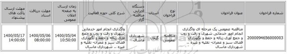مناقصه عمومی یک مرحله ای واگذاری انجام امور خدماتی شهری و رفت و روب و جمع آوری زباله و حفظ و نگهداری فضای سبز و عمران- نقلیه و غیره .. شهرداری ماسال 