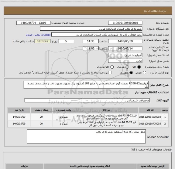 استعلام قیرازنوعPG58-22 بصورت گرم اعتبارتخصیصی به مبلغ 1182میلیون ریال بصورت بصورت نقد از محل بندهـ تبصره یک