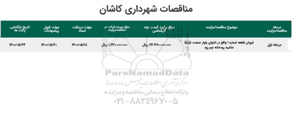 مزایده فروش شهرداری کاشان برای قطعه شماره 1 واقع در انتهای بلوار صنعت