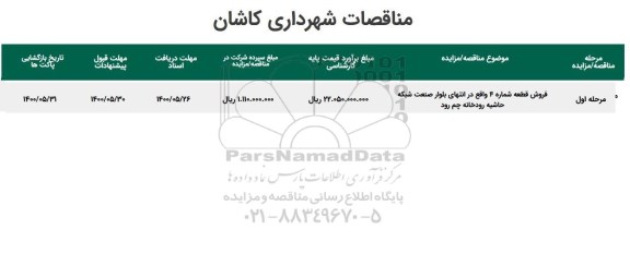 مزایده فروش شهرداری کاشان برای قطعه شماره 4 واقع در انتهای بلواز صنعت