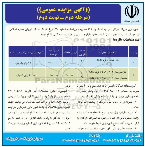 مزایده، مزایده عمومی اجاره دادن 10 باب مغازه بازارچه سنتی  - مرحله دوم نوبت دوم
