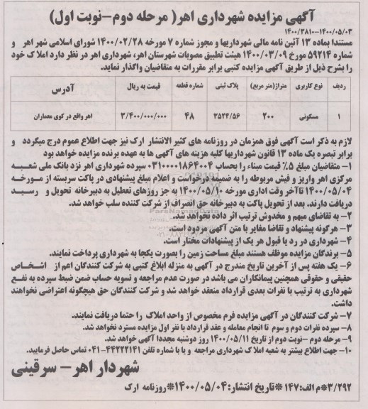 مزایده مزایده واگذاری املاک کاربری مسکونی 20 مترمربع مرحله دوم نوبت اول