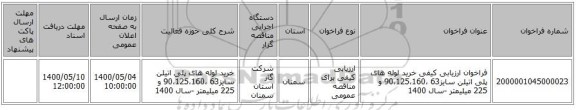 فراخوان ارزیابی کیفی خرید لوله های پلی اتیلن سایز63 ،90،125،160 و 225 میلیمتر -سال 1400
