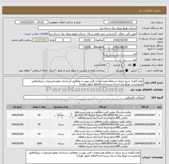 استعلام انواع کاوربه شرح جدول استعلام ومشخصات فنی پیوست ومطابق استاندارد وموردتاییدوزارت نیرو(مطابق وندورلیست توزیع برق استان یزدپرداخت4ماهه تحویل فوری)