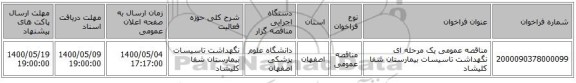 مناقصه عمومی یک مرحله ای نگهداشت تاسیسات بیمارستان شفا کلیشاد
