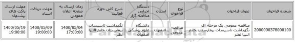 مناقصه عمومی یک مرحله ای نگهداشت تاسیسات بیمارستان خاتم النبیا نطنز