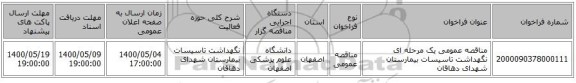 مناقصه عمومی یک مرحله ای نگهداشت تاسیسات بیمارستان شهدای دهاقان