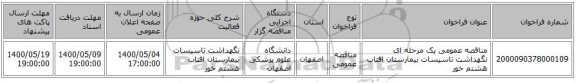 مناقصه عمومی یک مرحله ای نگهداشت تاسیسات بیمارستان افتاب هشتم خور