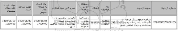 مناقصه عمومی یک مرحله ای نگهداشت تاسیسات بیمارستان شبکه بهداشت و درمان شاهین شهر