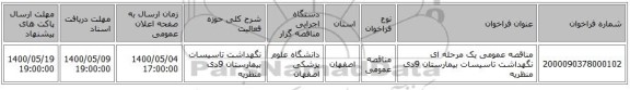 مناقصه عمومی یک مرحله ای نگهداشت تاسیسات بیمارستان 9دی منظریه