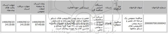 مناقصه عمومی یک مرحله ای تعمیر و سیم پیچی الکتروپمپ های شناور چاهها