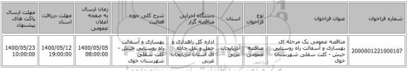 مناقصه عمومی یک مرحله ای بهسازی و آسفالت راه روستایی حبش - کلت سفلی شهرستان خوی