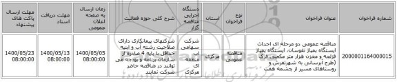 مناقصه عمومی دو مرحله ای احداث ایستگاه پمپاژ نقوسان، ایستگاه پمپاژ قزلجه و مخزن هزار متر مکعبی فرک (طرح آبرسانی به شهرتفرش و روستاهای مسیر از چشمه هفت