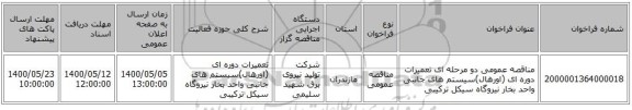 مناقصه عمومی دو مرحله ای تعمیرات دوره ای (اورهال)سیستم های جانبی واحد بخار نیروگاه سیکل ترکیبی