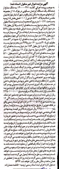 مزایده مزایده ششدانگ یک دستگاه آپارتمان مسکونی 101.71 متر