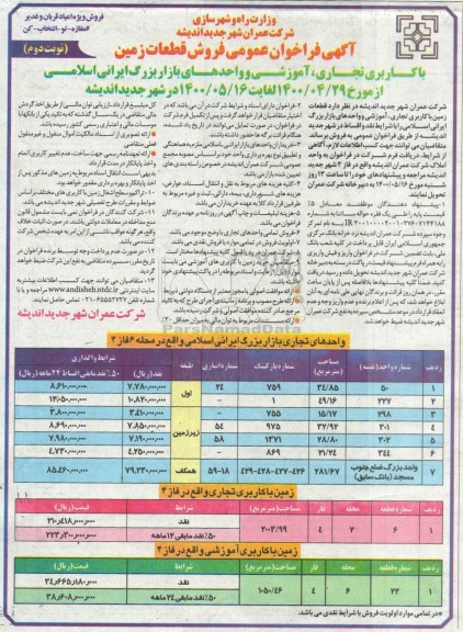 مزایده مزایده فروش قطعات زمین با کاربری تجاری و آموزش 