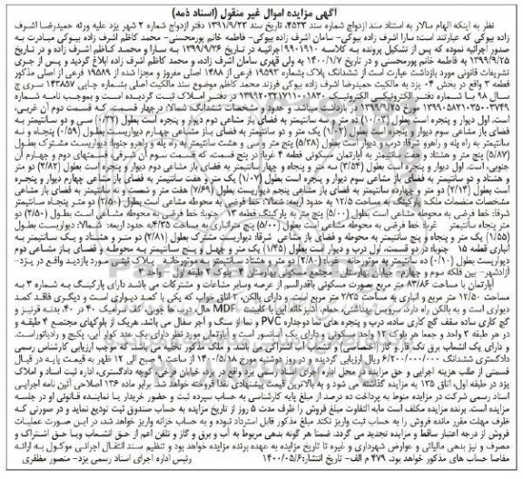 آگهی مزایده،مزایده ششدانگ پلاک شماره 19593 فرعی 