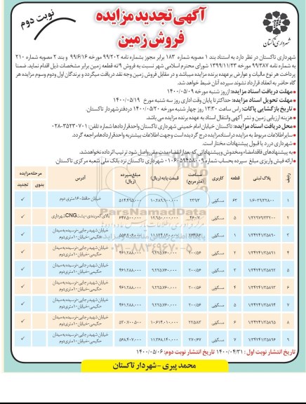آگهی مزایده،مزایده فروش 9 قطعه زمین کاربری مسکونی نوبت دوم