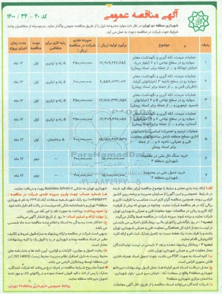 آگهی مناقصه عمومی , مناقصه عملیات مرمت لکه گیری و نگهداشت معابر سواره رو