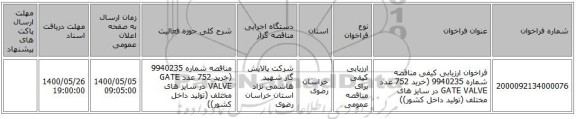 فراخوان ارزیابی کیفی مناقصه شماره 9940235 (خرید 752 عدد GATE VALVE در سایز های مختلف (تولید داخل کشور))