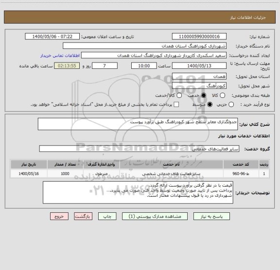 استعلام جدولگذاری معابر سطح شهر کبودراهنگ طبق برآورد پیوست