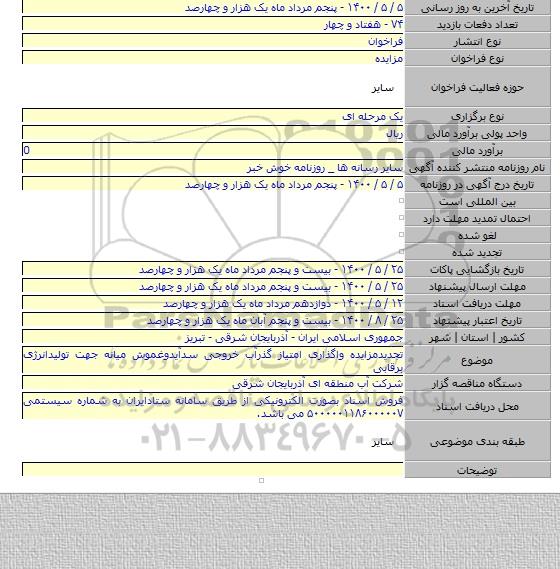 تجدیدمزایده واگذاری امتیاز گذرآب خروجی سدآیدوغموش میانه جهت تولیدانرژی برقابی