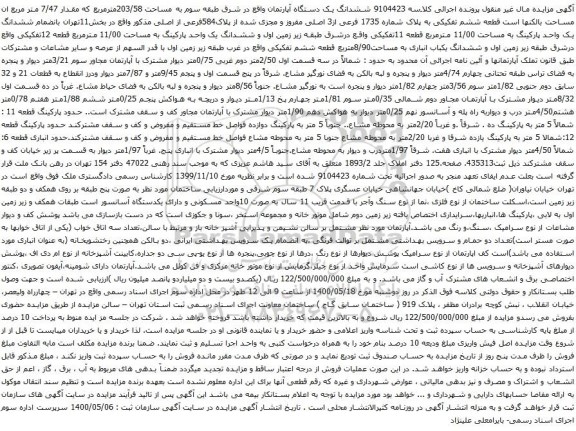 آگهی مزایده ششدانگ یک دستگاه آپارتمان واقع در شرق طبقه سوم به مساحت 203/58مترمربع
