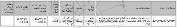 خرید خدمات مشاوره مطالعات تعیین حدبستر وحریم رودخانه های شهرستان خرم آبادبطول243/4 ونقشه برداری