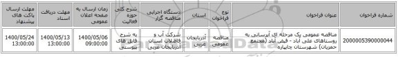 مناقصه عمومی یک مرحله ای آبرسانی به روستاهای علی آباد - فیض آباد (مجتمع حمزیان) شهرستان چایپاره