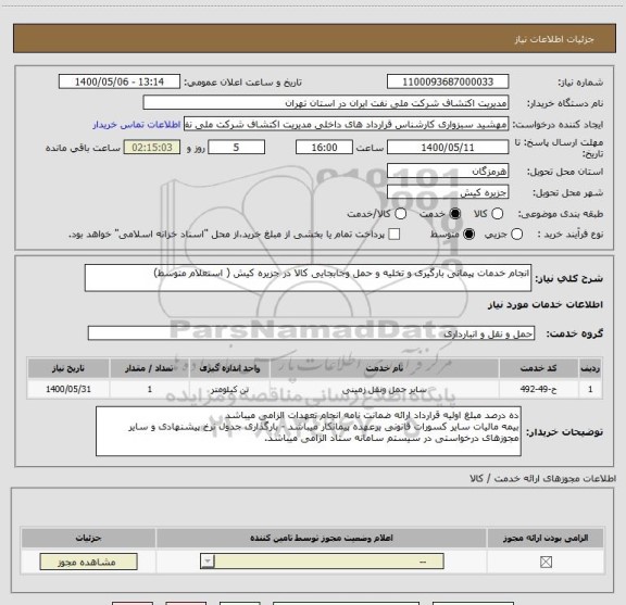 استعلام انجام خدمات پیمانی بارگیری و تخلیه و حمل وجابجایی کالا در جزیره کیش ( استعلام متوسط)