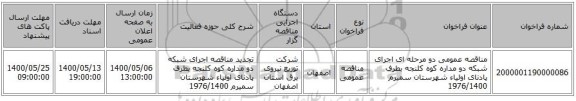مناقصه عمومی دو مرحله ای اجرای شبکه دو مداره کوه کلنجه بطرف پادنای اولیاء شهرستان سمیرم 1976/1400