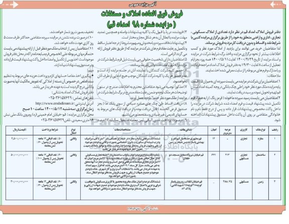 مزایده مزایده فروش املاک مسکونی و تجاری 