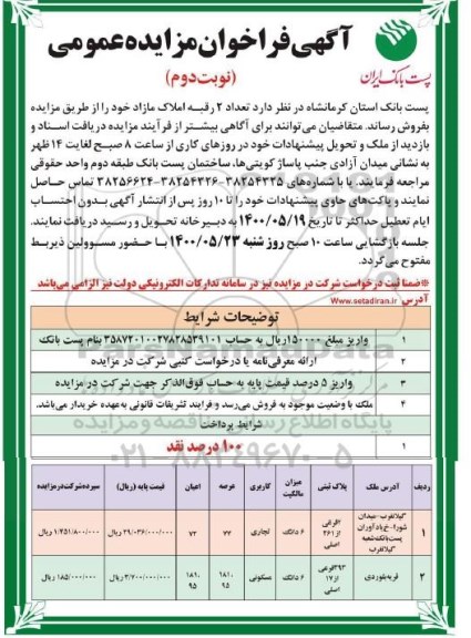 مزایده مزایده فروش دو رقبه املاک مازاد نوبت دوم
