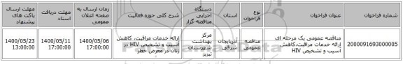 مناقصه عمومی یک مرحله ای ارائه خدمات مراقبت،کاهش آسیب و تشخیص HIV