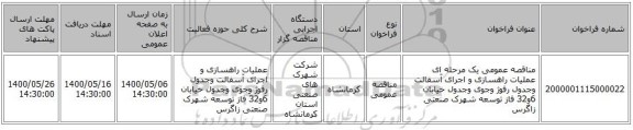 مناقصه عمومی یک مرحله ای عملیات راهسازی و اجرای آسفالت وجدول رفوژ وجوی وجدول خیابان 6و32 فاز توسعه شهرک صنعتی زاگرس