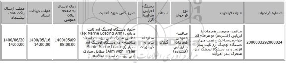 مناقصه عمومی همزمان با ارزیابی (فشرده) دو مرحله ای طراحی،ساخت و نصب چهار دستگاه لودینگ آرم ثابت بندر انزلی و دو دستگاه لودینگ آرم متحرک بندر امیرآباد