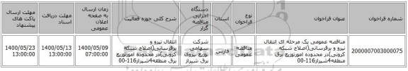مناقصه عمومی یک مرحله ای انتقال نیرو و برقرسانی(اصلاح شبکه کرونی)در محدوده امورتوزیع برق منطقه4شیراز116-00