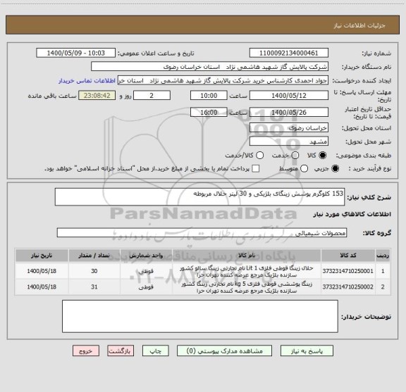 استعلام 153 کلوگرم پوشش زینگای بلژیکی و 30 لیتر حلال مربوطه
