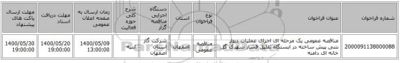 مناقصه عمومی یک مرحله ای اجرای عملیات دیوار بتنی پیش ساخته در ایستگاه تقلیل فشار شهرک گل خانه ای دامنه 