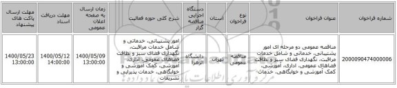 مناقصه عمومی دو مرحله ای امور پشتیبانی، خدماتی و شامل خدمات مراقبت، نگهداری فضای سبز و نظافت فضاهای عمومی، اداری، آموزشی، کمک آموزشی و خوابگاهی، خدمات