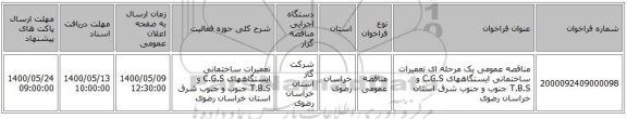 مناقصه عمومی یک مرحله ای تعمیرات ساختمانی ایستگاههای C.G.S و T.B.S جنوب و جنوب شرق استان خراسان رضوی 