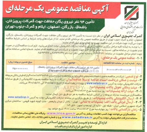 مناقصه تامین 94 نفر نیروی یگان حفاظت جهت گمرکات