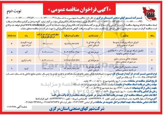 مناقصه، مناقصه اجرای شبکه برق فشار متوسط شهرک صنعتی... 